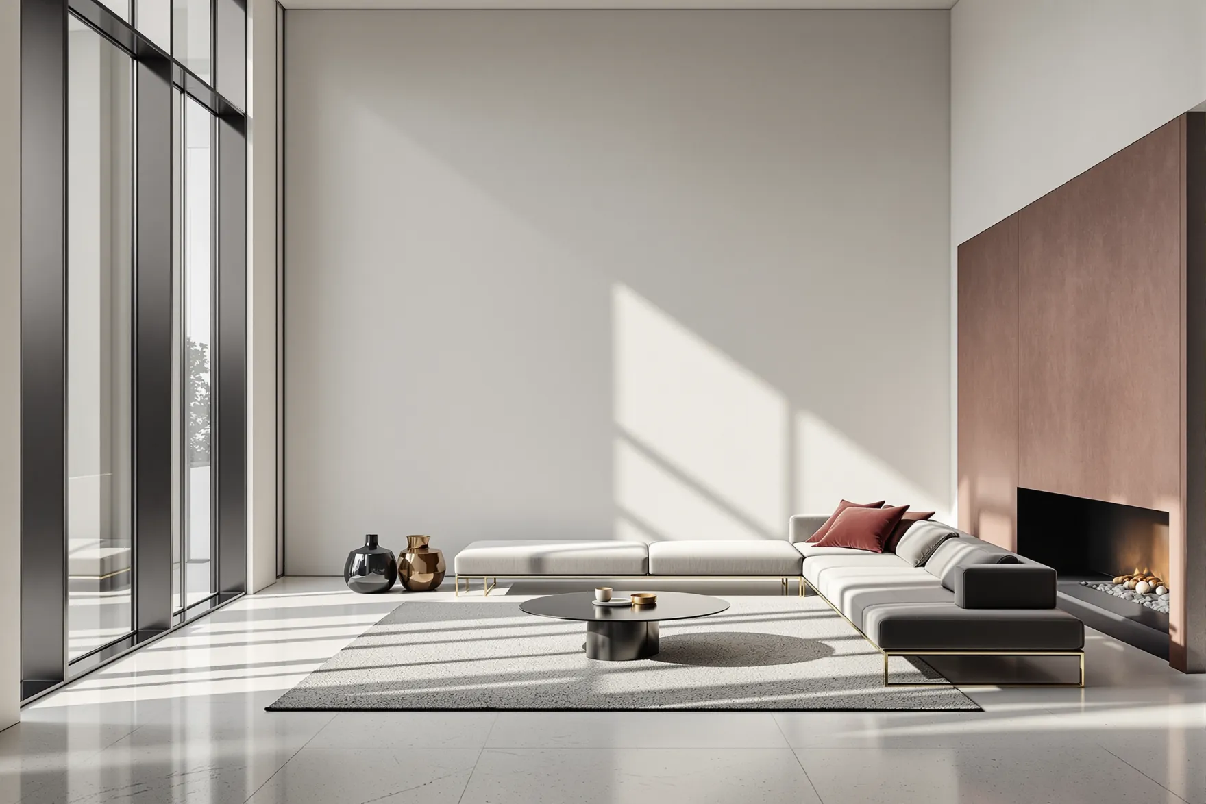 A double-height London living room with chalk-white plaster walls, ink-black steel windows, pale limestone floor and a single muted oxblood-clay accent cushion.