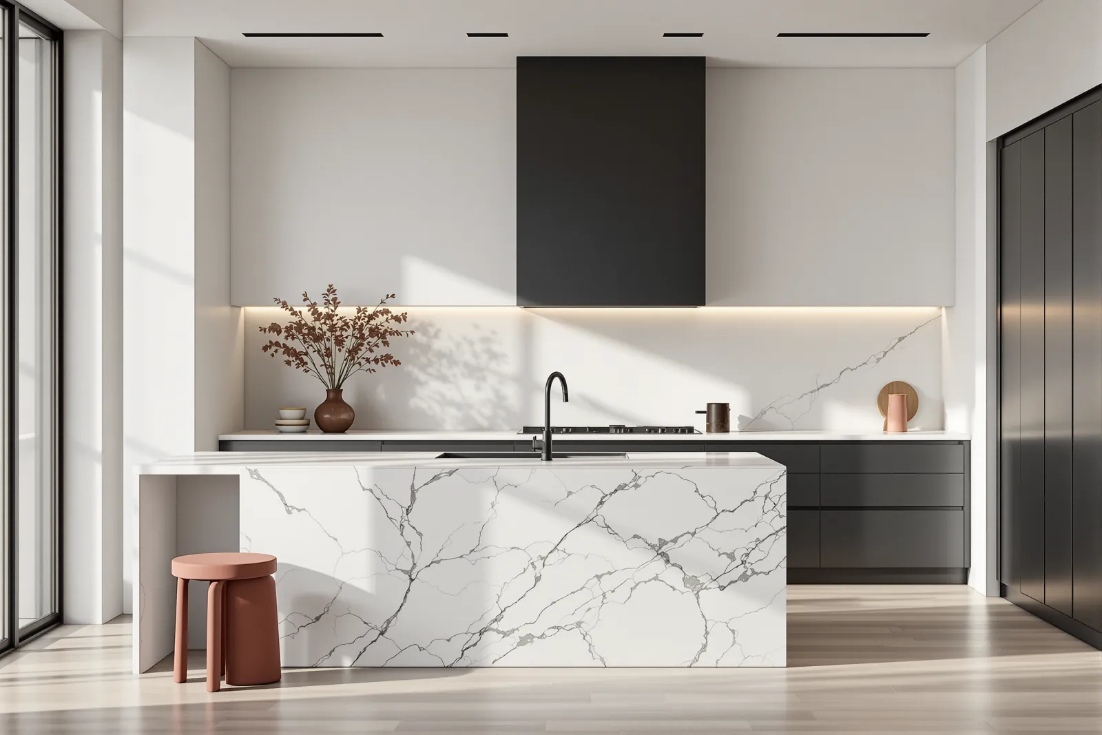 A minimalist kitchen with chalk-white walls, honed pale marble island, slim ink-black cabinetry and a single clay stool.