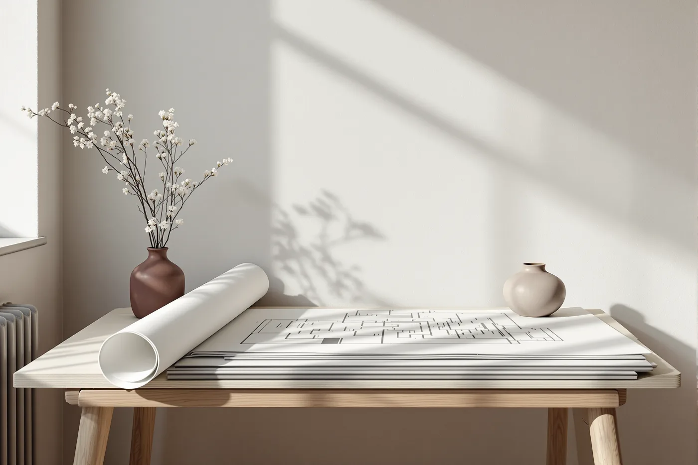 A pale ash drawing table with a rolled architectural floor plan, a stack of cool grey sample boards and a single clay ceramic vessel against a chalk-white plaster wall.