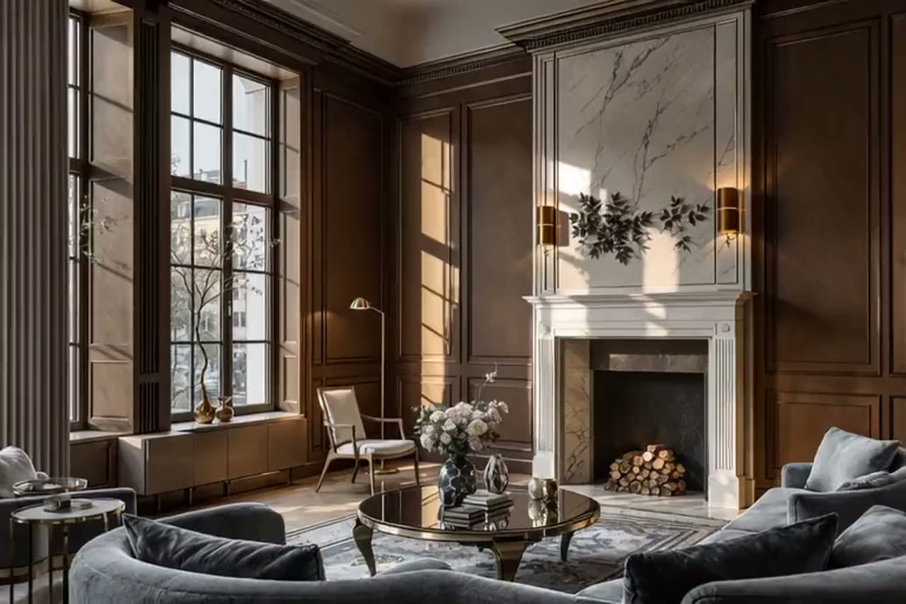 A panelled drawing room at dusk with travertine, oak and soft golden light