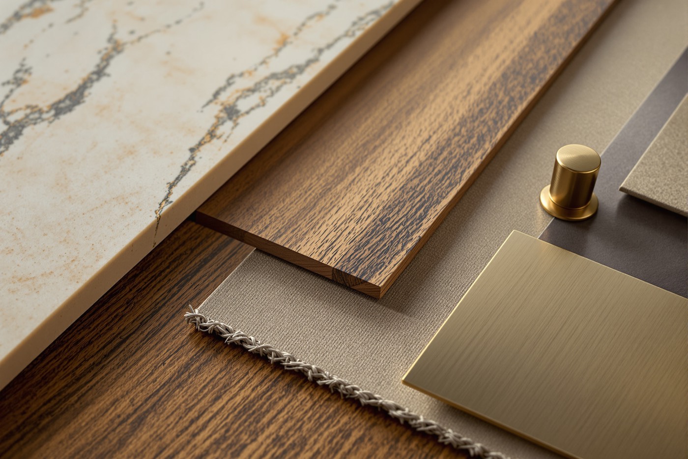 A material palette laid on a workbench: honed travertine, fluted espresso oak, stone linen and aged bronze