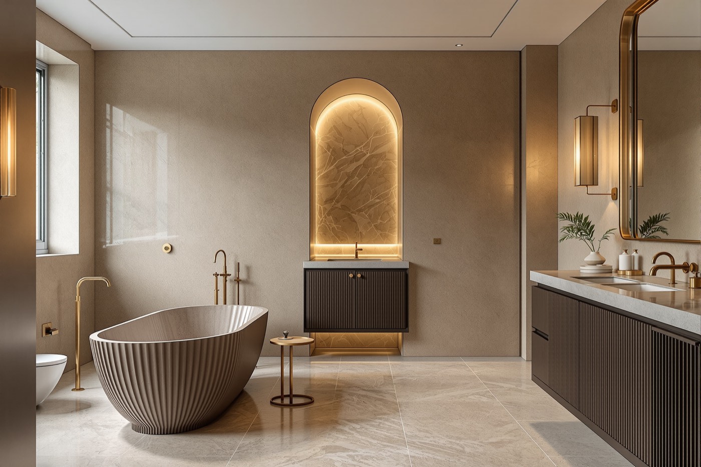 A serene principal bathroom with a honed travertine bath, fluted oak vanity and aged bronze brassware