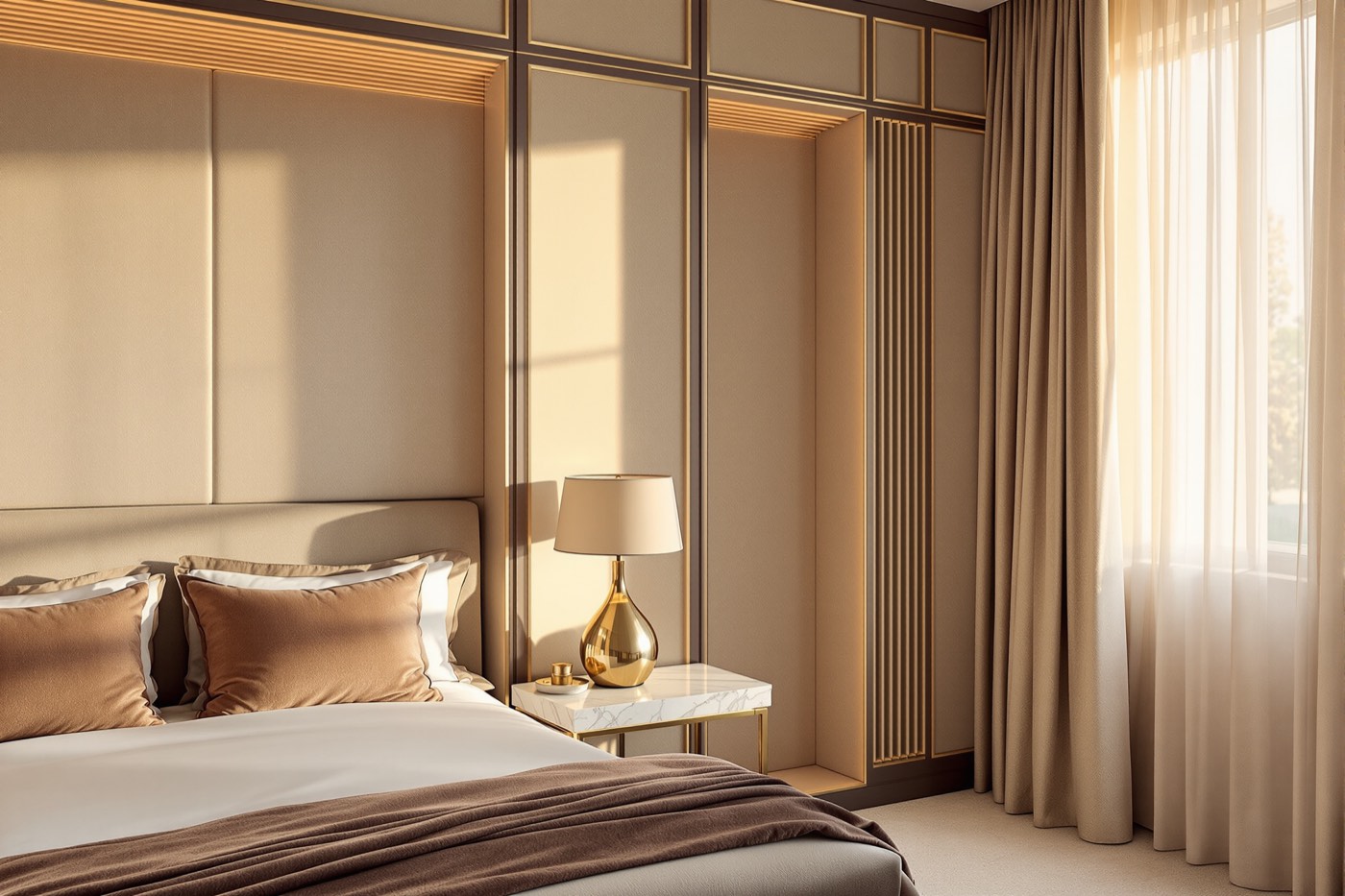A principal bedroom with a stone-linen upholstered wall, fluted oak alcoves and a champagne bronze lamp