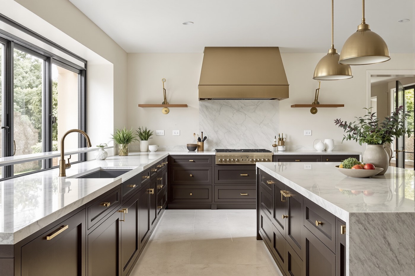 A Cotswolds country kitchen with espresso oak cabinetry, a honed travertine island and steel-framed garden doors