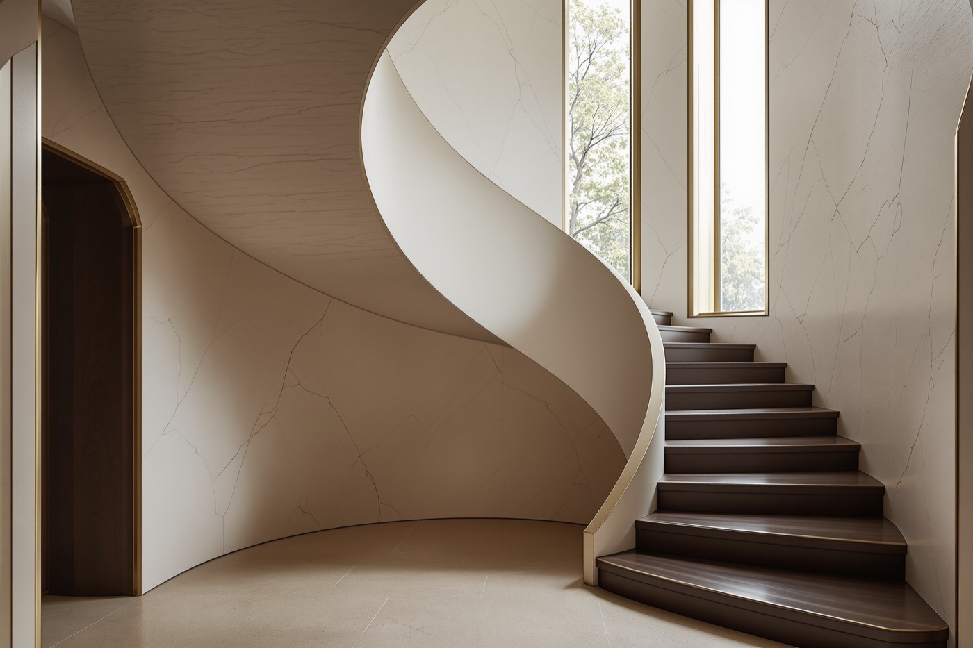 A sculptural curved oak staircase against a hand-plastered alabaster wall lit by a tall bronze-framed window