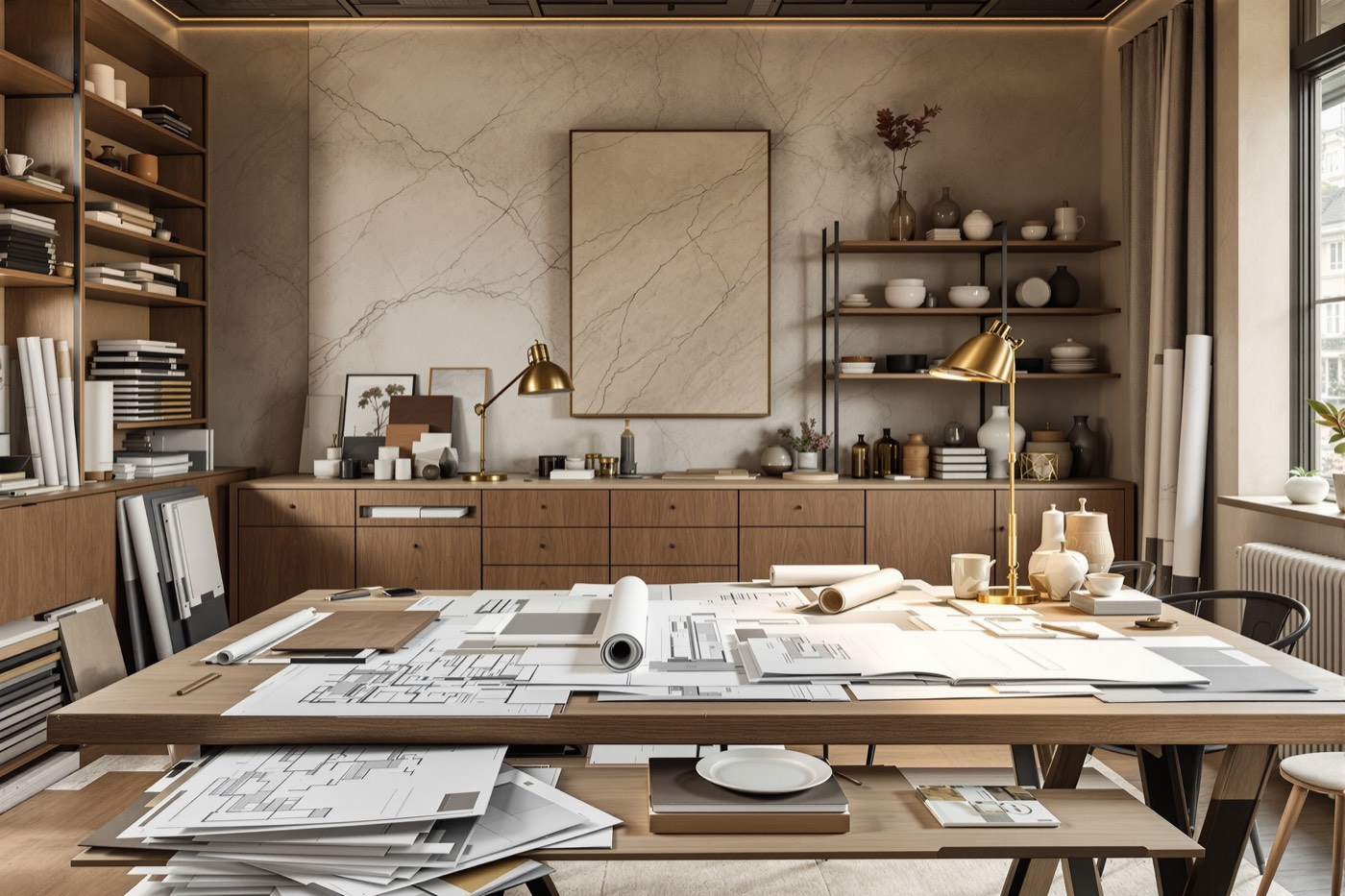 The Aurelia studio: an oak table laid with drawings, stone and timber samples and a brass lamp