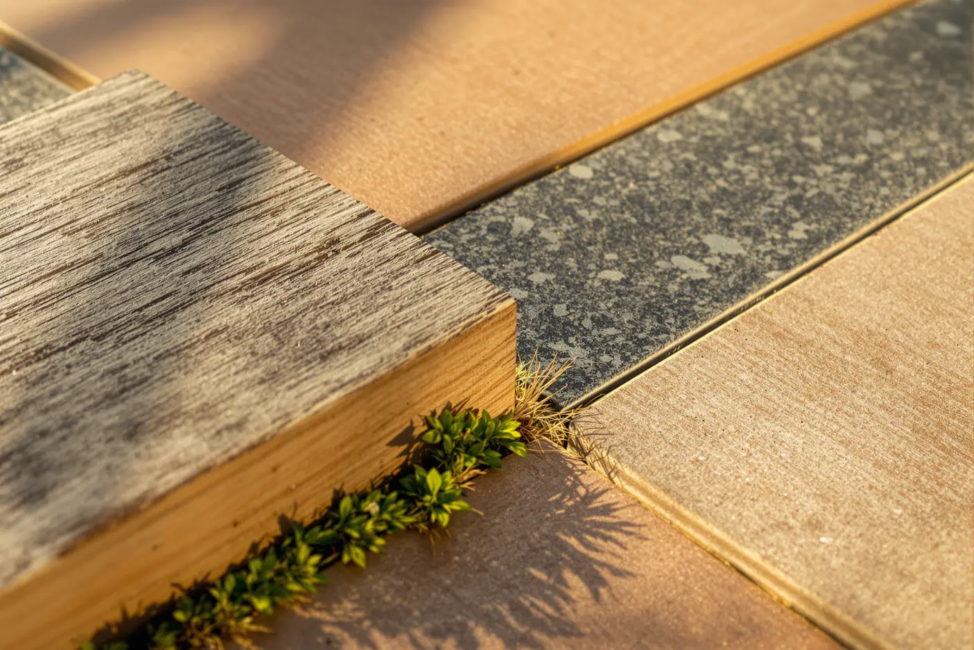 A close detail of a weathered oak sleeper meeting granite setts and sandstone paving with a fine joint