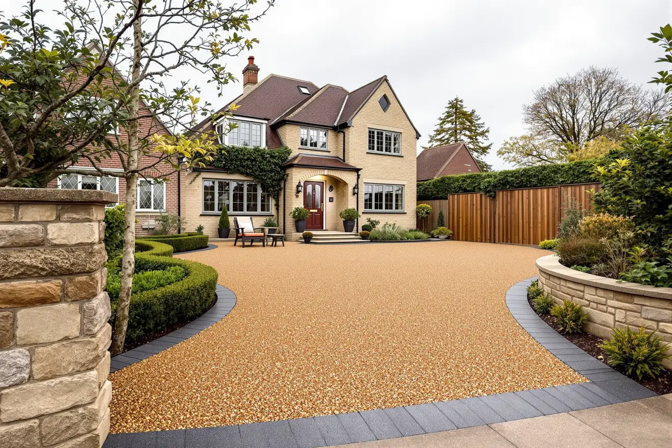 A honey resin-bound driveway with a charcoal granite sett edge in front of a Surrey house