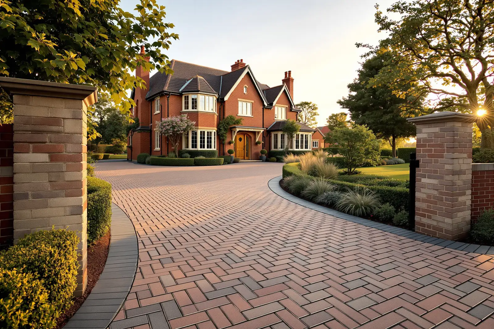 A herringbone clay block-paved driveway sweeping up to a brick house with a granite sett border