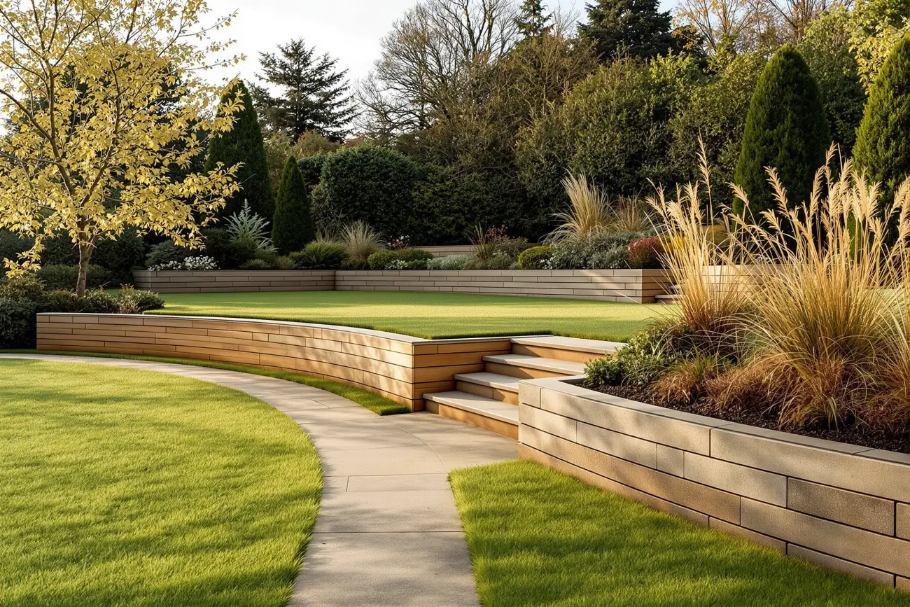 A finished Surrey garden with a curved sandstone path, weathered stone retaining walls and fresh lawn