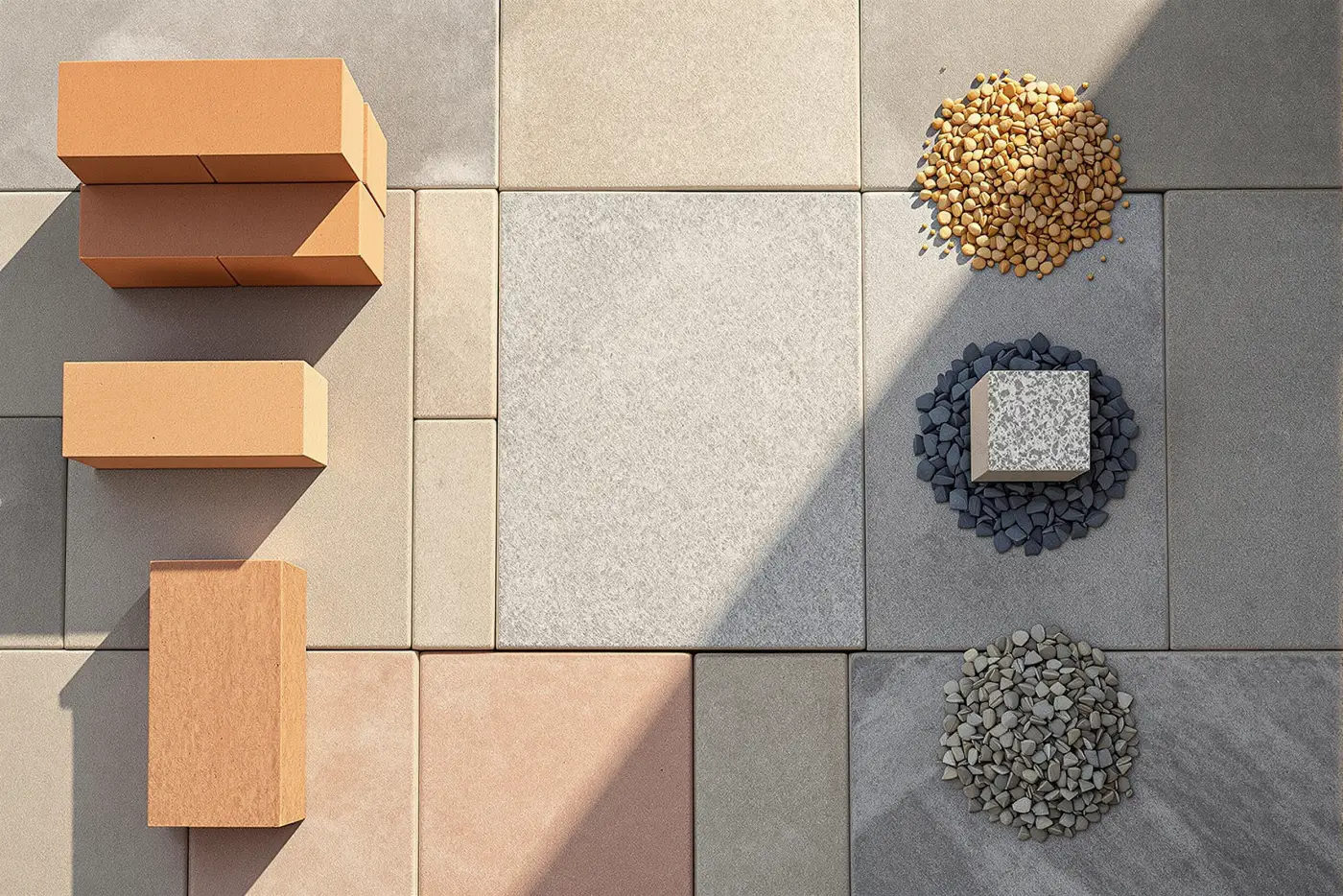 An overhead arrangement of hard-landscaping samples: terracotta block paviours, buff sandstone, honey resin gravel, granite setts, oak sleeper and slate chippings