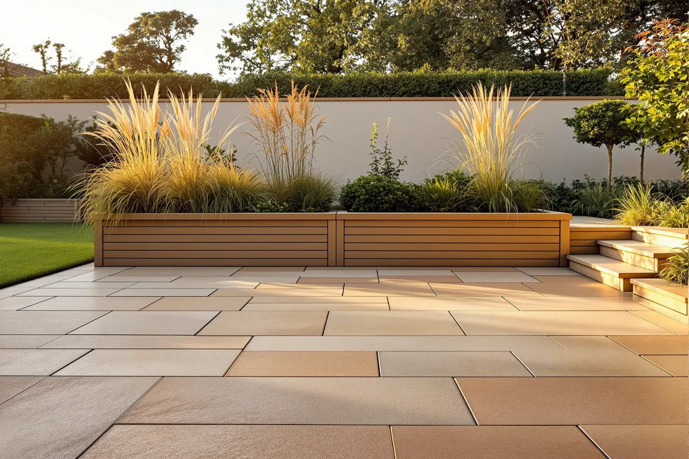 A buff sandstone patio terrace with timber-sleeper raised beds and ornamental grasses