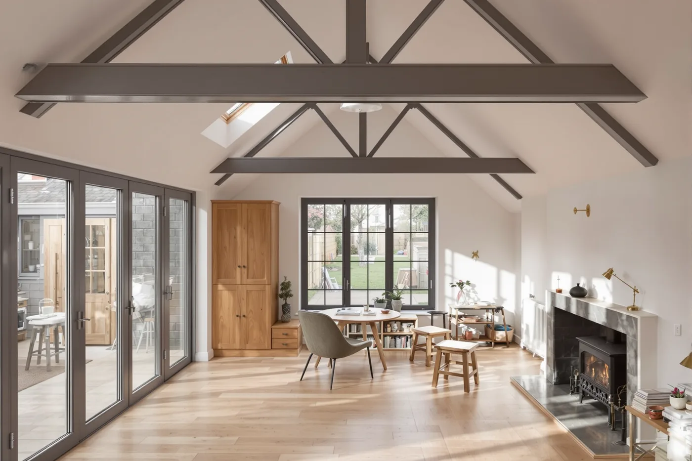 Completed rear extension interior with Crittall steel windows, exposed oak beam and warm natural daylight