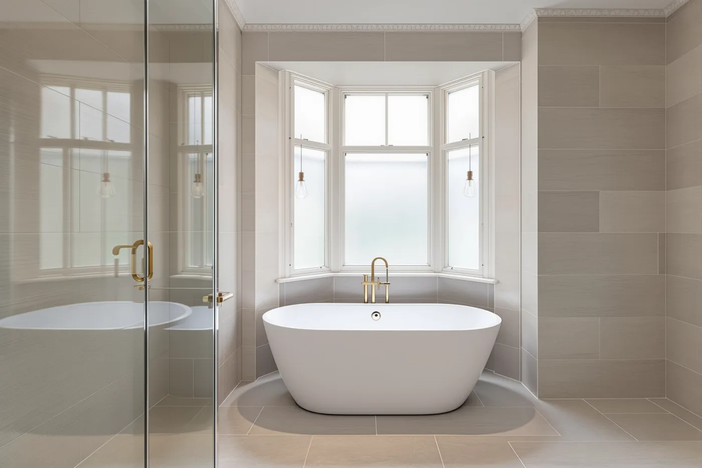 Luxury bathroom refurbishment with freestanding bath, frameless shower and floor-to-ceiling tiling