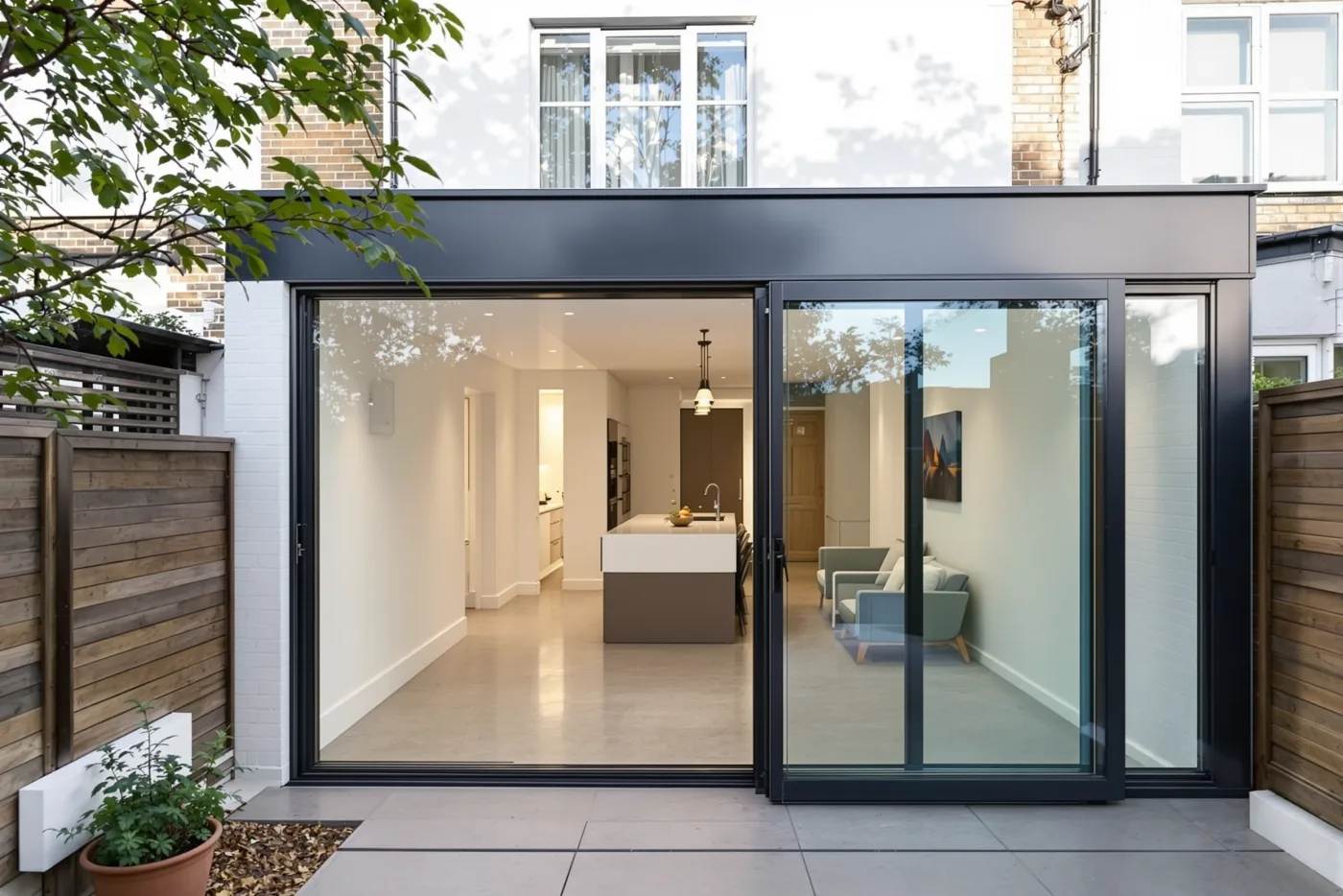 Full-width rear extension on a Victorian terrace, glazed bifold doors and polished concrete floor, South-East London