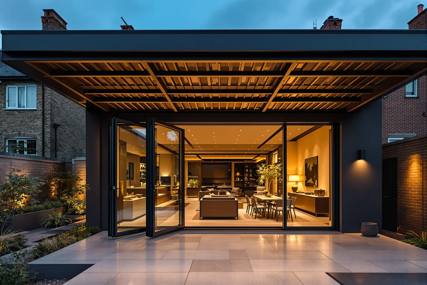 Rear house extension with full-height bifold glazing and exposed structural steelwork, South-East London