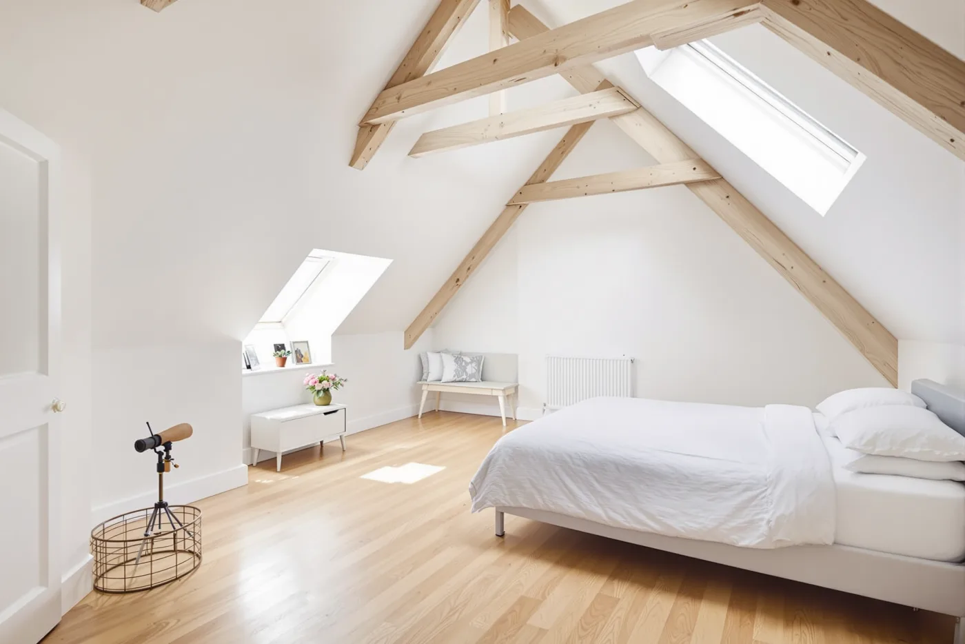 Loft conversion interior with vaulted ceiling, exposed beam, velux skylights and natural timber flooring