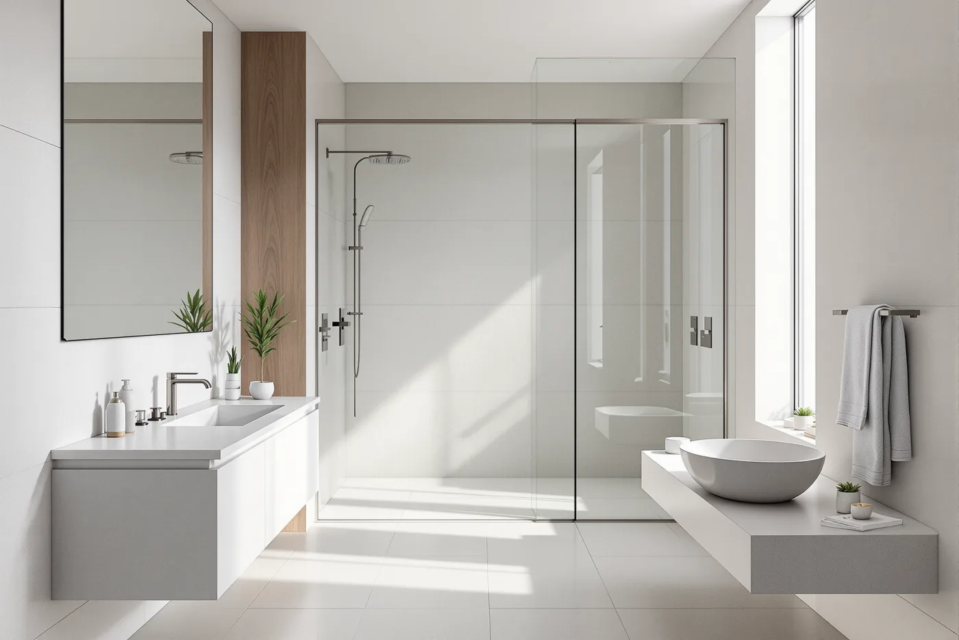 A clean contemporary bathroom in cool daylight with large-format pale stone tile, a wall-hung cool-toned vanity, brushed steel mixer taps and a frameless walk-in shower with slim steel-framed glazing.