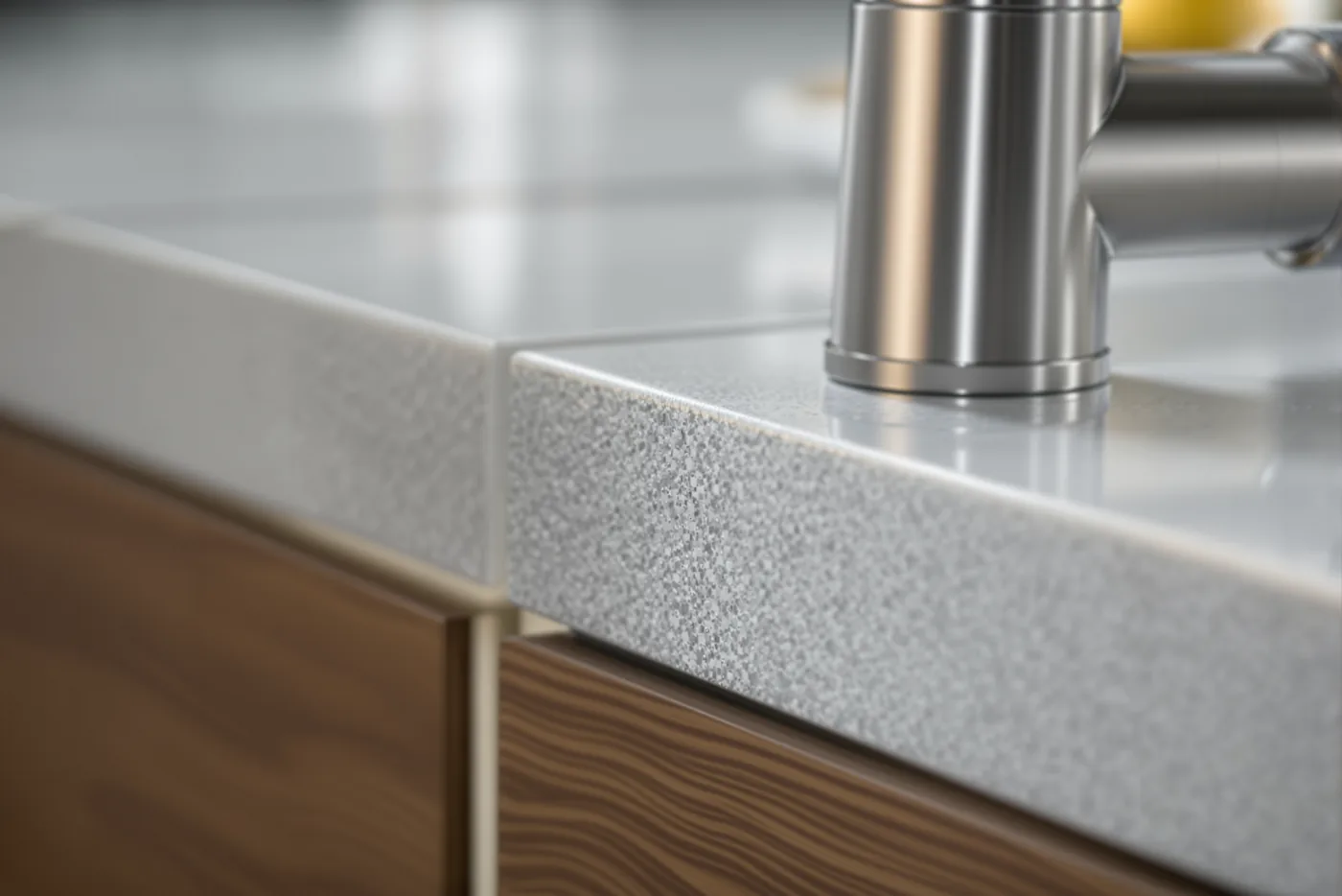 An extreme close-up of a brushed stainless steel kitchen tap meeting a honed pale stone worktop edge in cool daylight, showing a precise junction and a fine shadow gap.