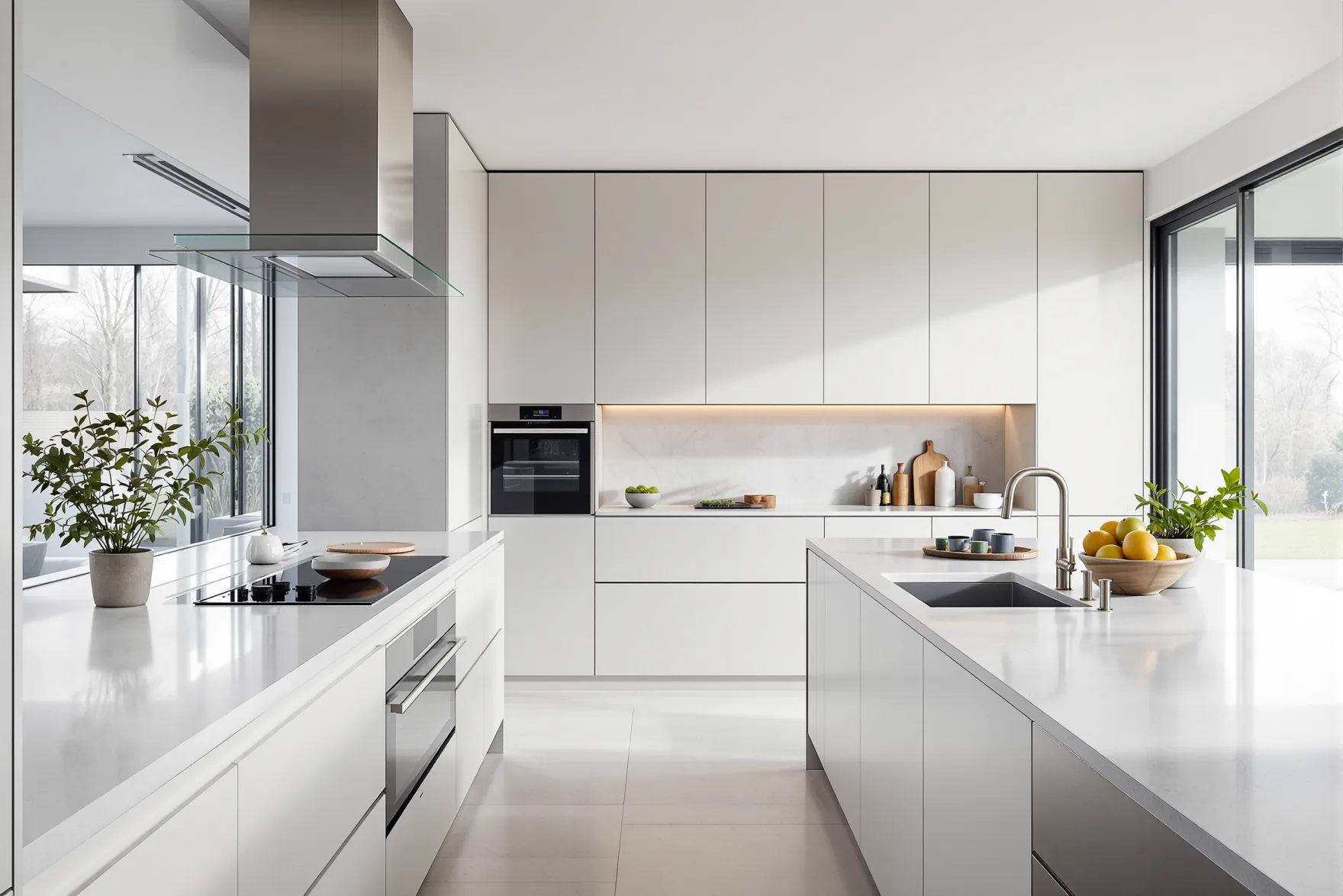 A bright contemporary kitchen in cool daylight with pale handleless cabinetry, a honed pale stone island worktop, a brushed stainless steel tap and tall steel-framed glazing to a garden.