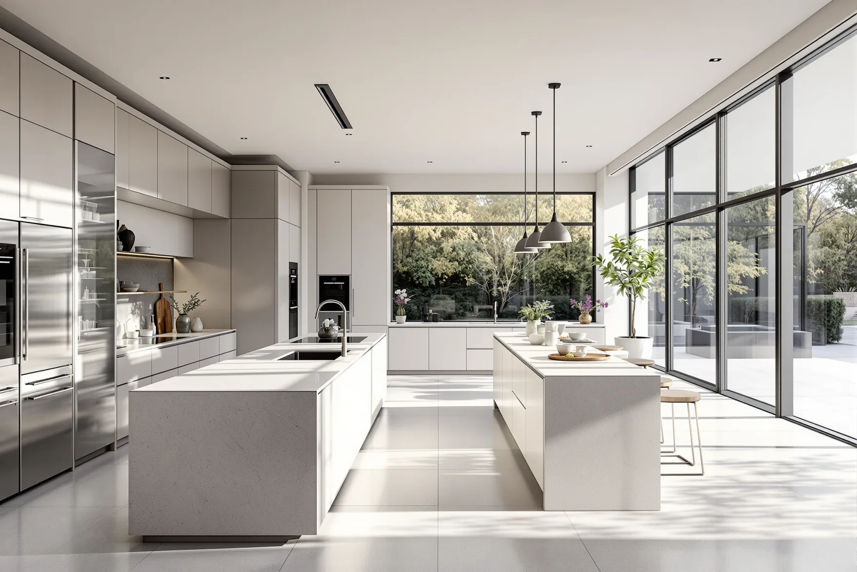 A wide bright contemporary kitchen and dining space in cool daylight, with pale handleless cabinetry, two long honed pale stone islands, brushed steel fittings and large steel-framed glazing.