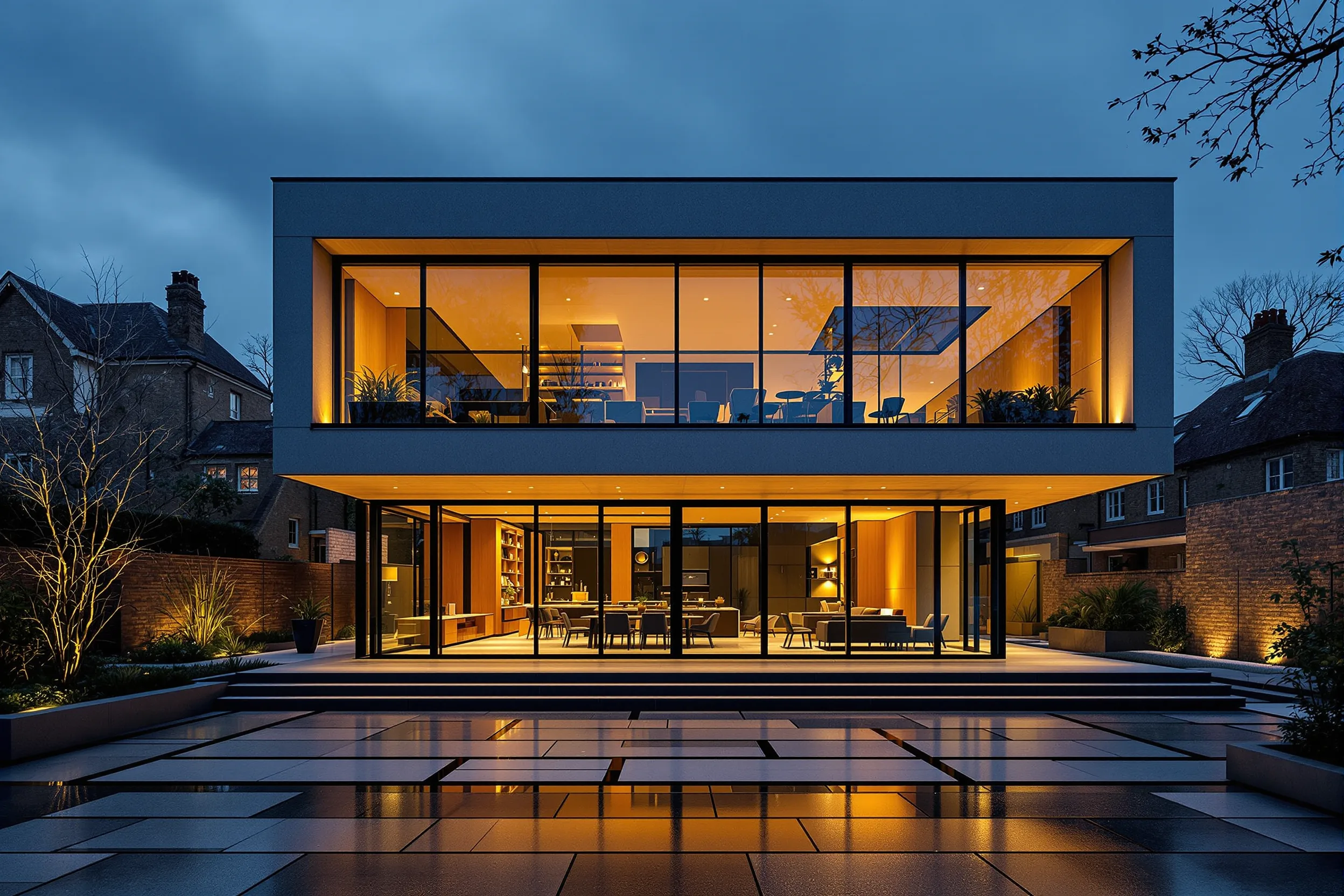 A contemporary glazed rear house extension glowing at blue hour over a landscaped garden