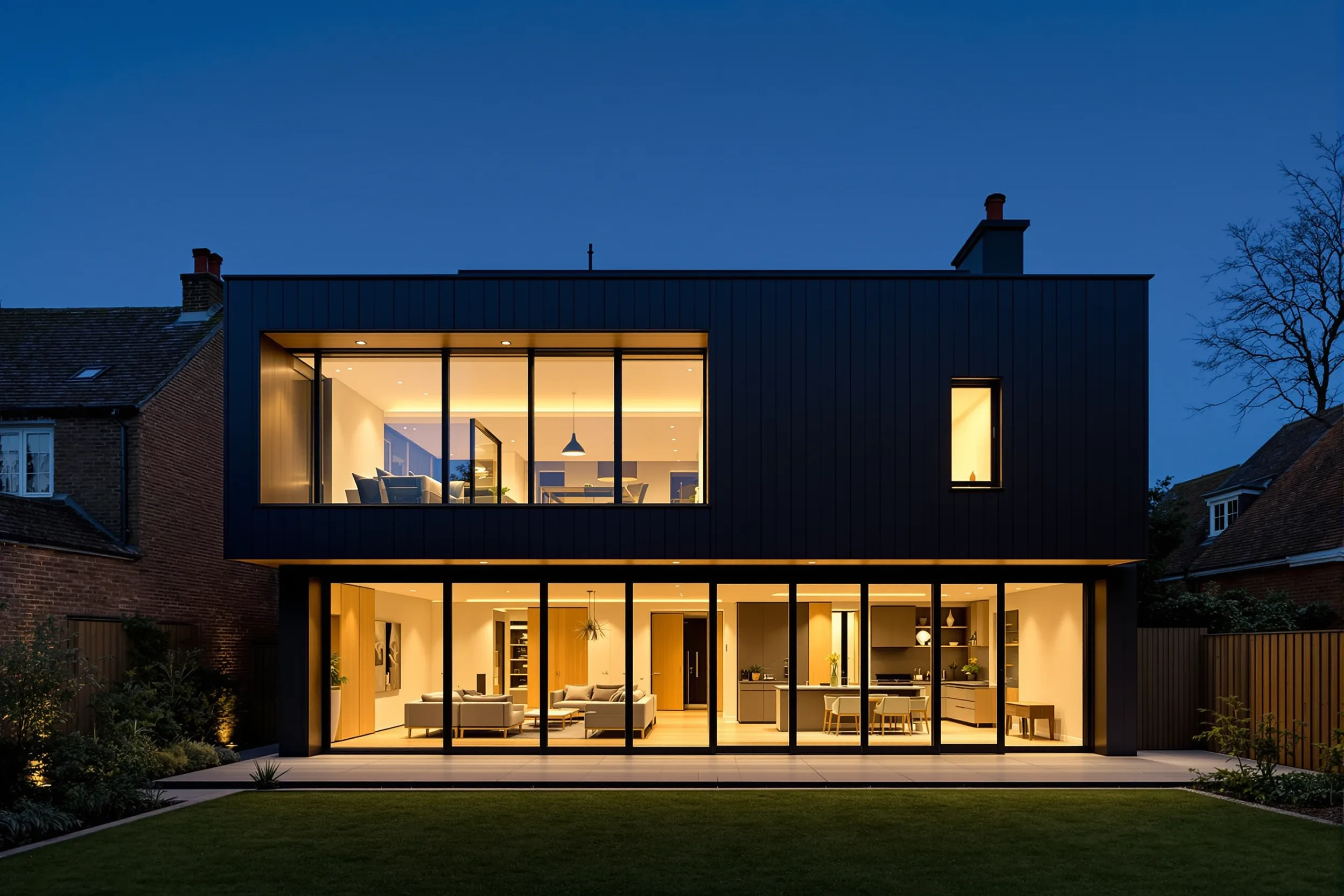 A modern zinc and oak-clad home extension at dusk with large sliding glass walls and low garden lighting