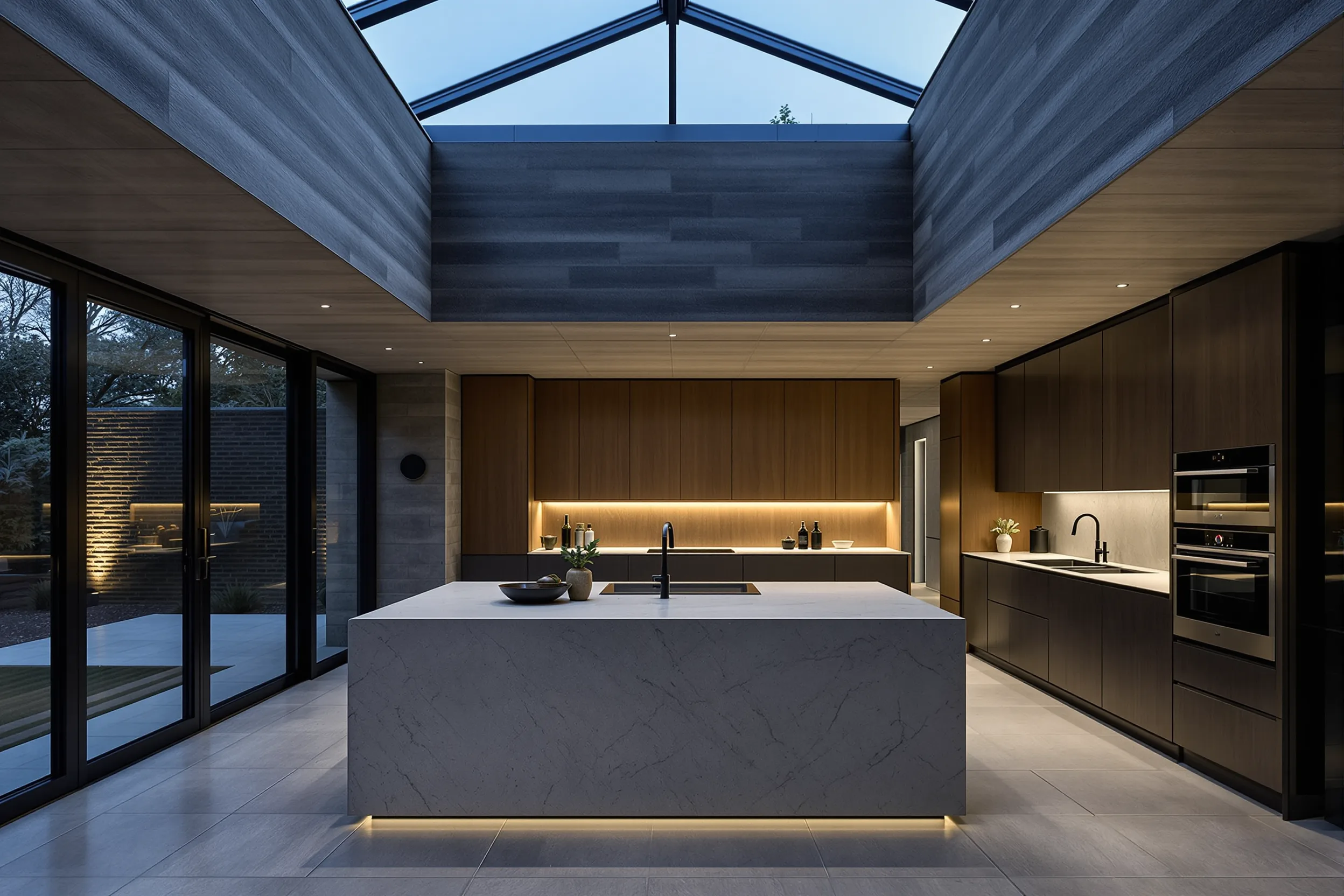 A double-height open-plan kitchen extension with a stone island, oak cabinetry and a glass roof lantern