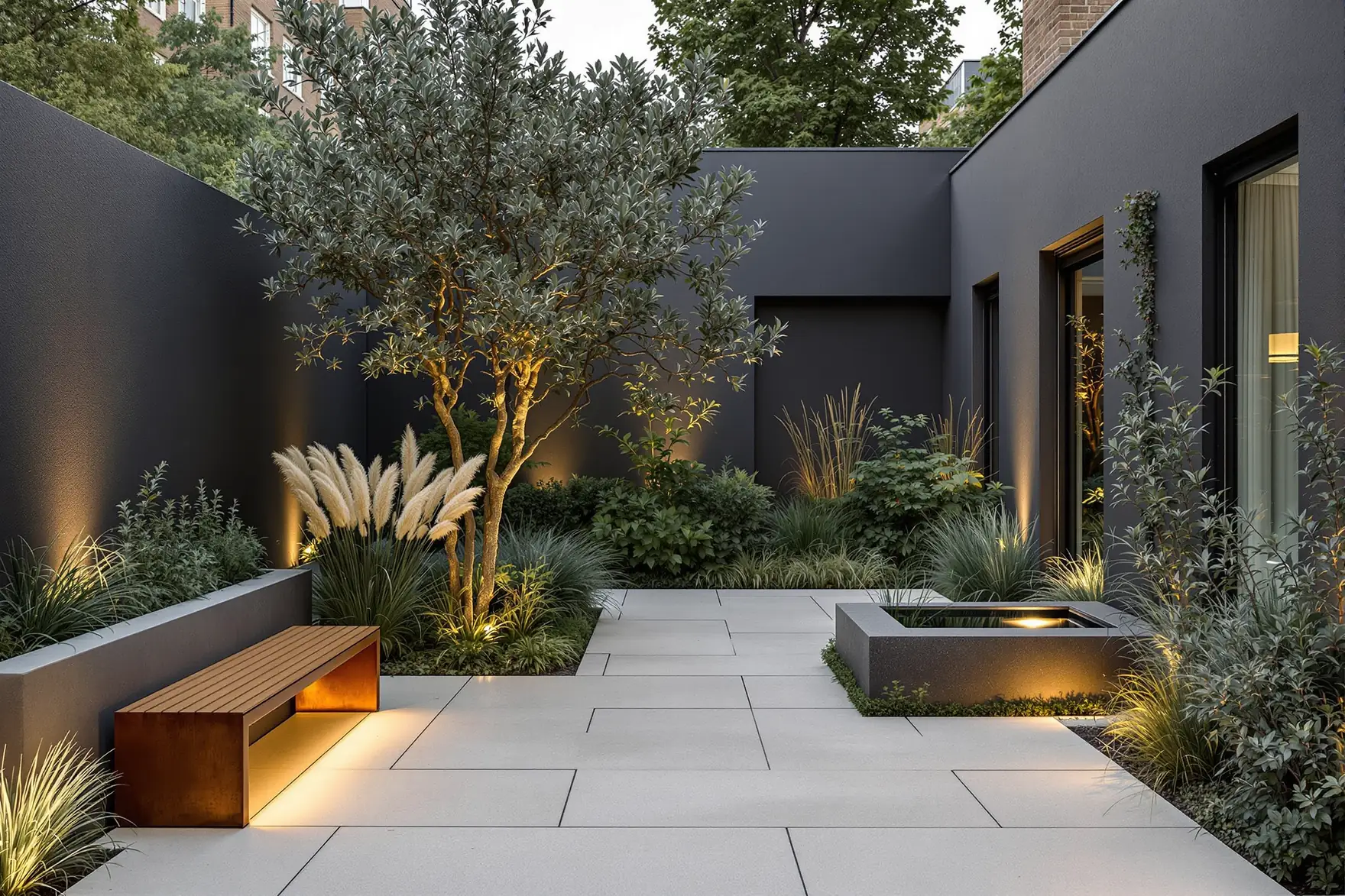 A refined contemporary London courtyard garden at early evening, with warm bone-toned sawn limestone paving, a low oak and corten bench, restrained sage and olive planting and tall ornamental grasses against a rendered charcoal wall.