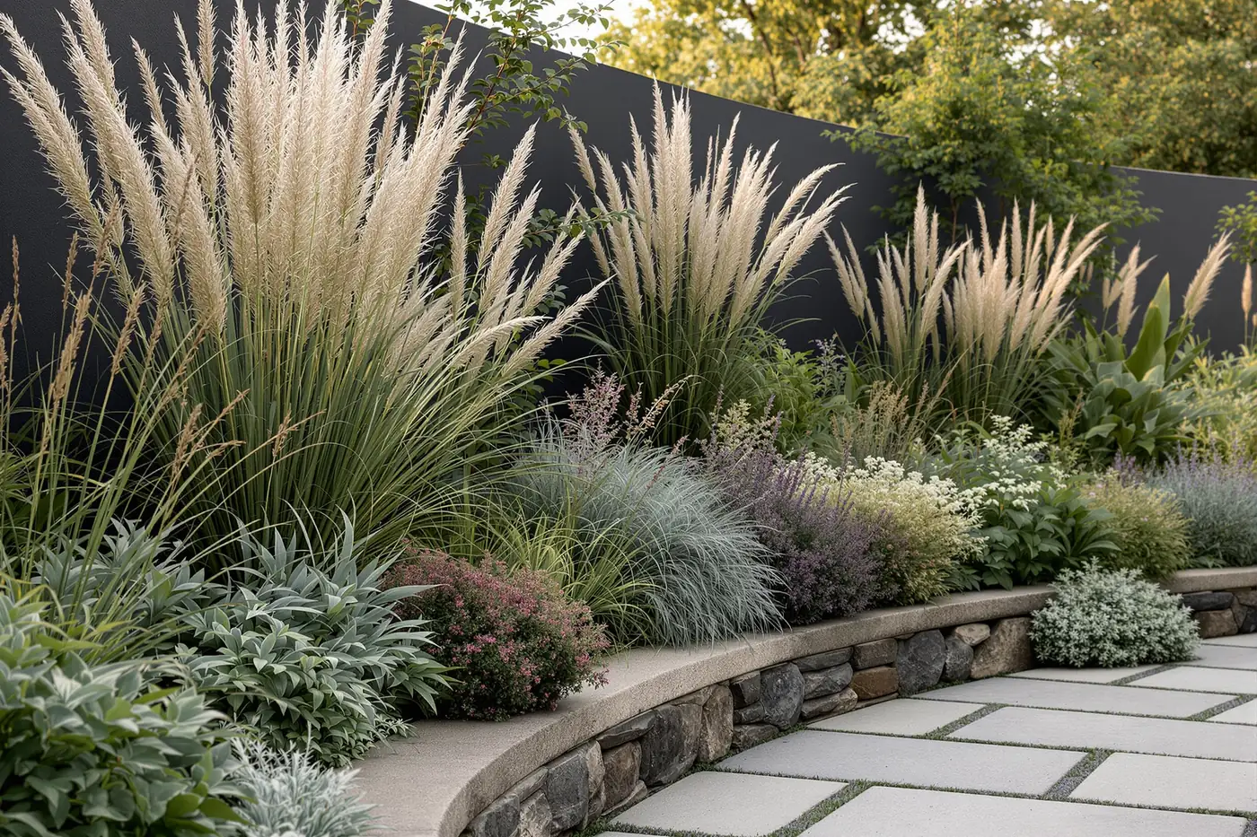 A close detail of a naturalistic planting scheme: layered olive-green and silver-sage foliage, tall backlit ornamental grasses and architectural seed heads against a weathered charcoal rendered wall.