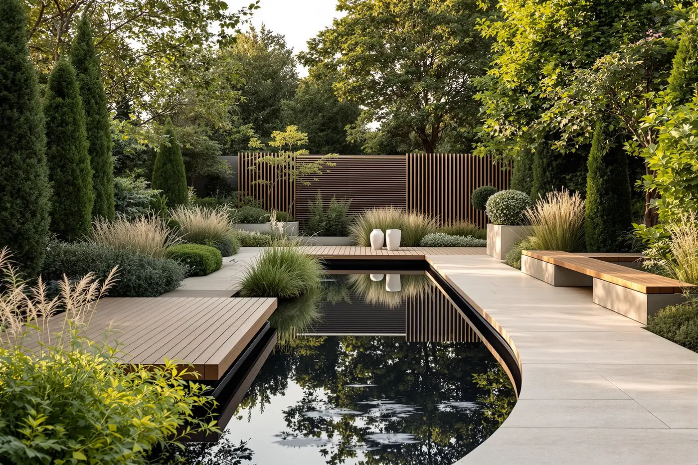 A completed contemporary garden at golden hour with a floating oak deck, a still dark reflecting water rill, bone-toned porcelain paving, clipped evergreen forms and soft grasses.