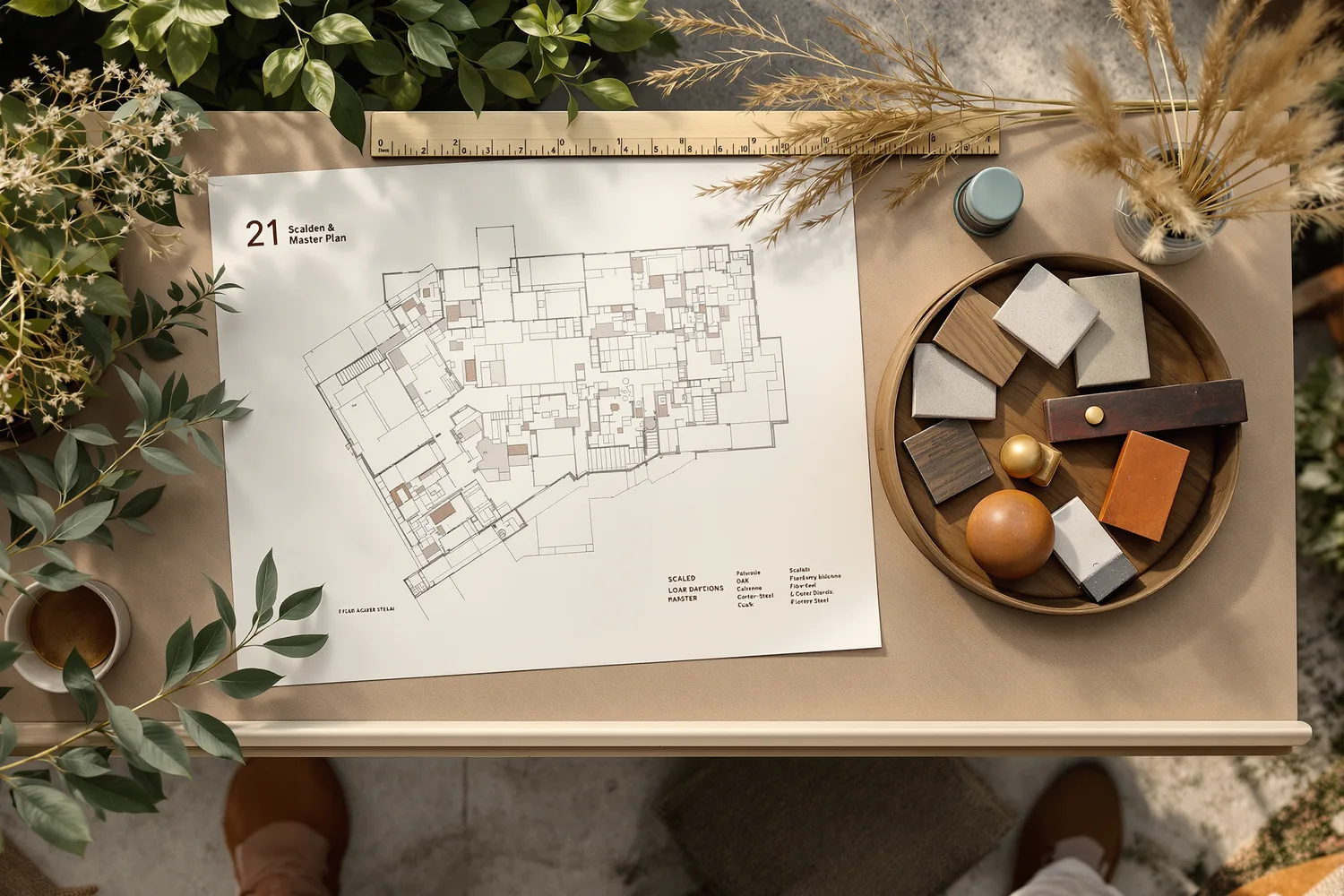 A garden design studio drawing table seen from above in soft north light, with a hand-drawn scaled masterplan, a tray of limestone, oak, corten steel and dried grass samples and a brass scale ruler on warm bone paper.