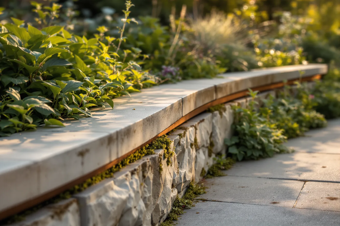 A macro detail of garden craftsmanship: honed limestone meeting weathered oak and a thin corten steel band, a fine mortar joint, with soft moss in one crevice under raking light.