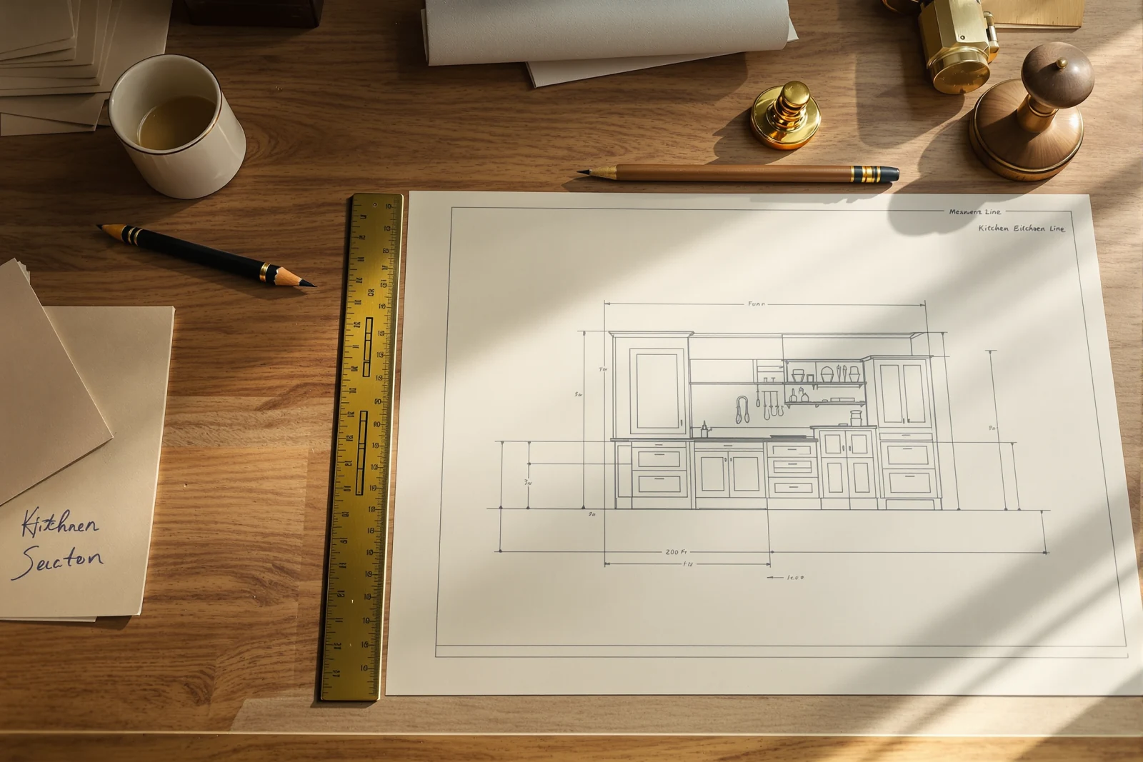 An overhead view of a cabinetmaker's drawing table: a hand-drawn measured kitchen elevation in fine pencil on bone tracing paper, a brass scale ruler, a draughtsman's pencil and a small walnut sample and brass handle resting on the drawing.