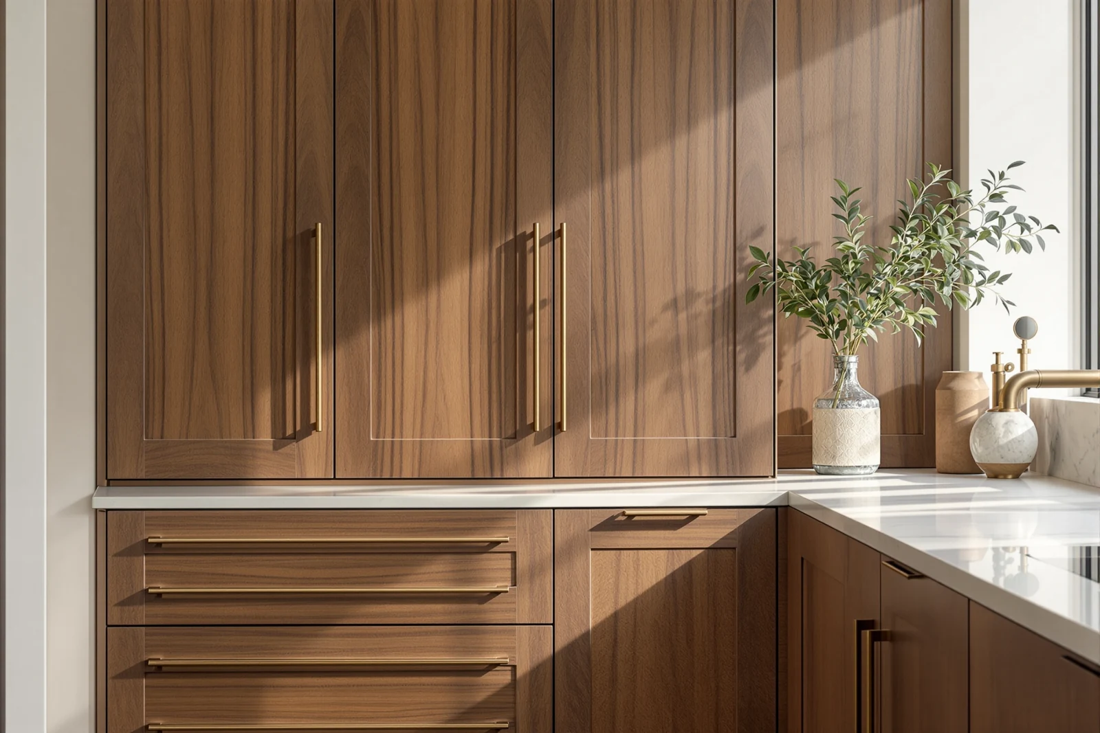 A bespoke kitchen detail in oiled solid walnut with rich straight grain, a deep bone-coloured limestone worktop and a slim aged-brass tap, lit by soft raking daylight from a tall window.