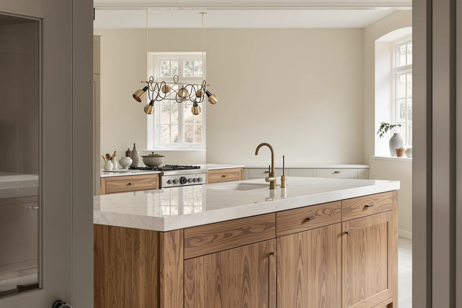 A bespoke oiled-walnut kitchen island with a thick honed bone-limestone worktop, clean straight lines and a slim aged-brass tap, in a calm room with bone plaster walls and soft daylight.
