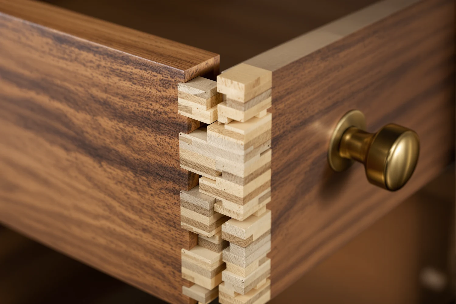 An extreme close-up of hand-cut dovetail joinery in a solid oiled-walnut drawer, crisp pins and tails, fine end-grain detail and a single brushed-brass cup pull, under raking side light.