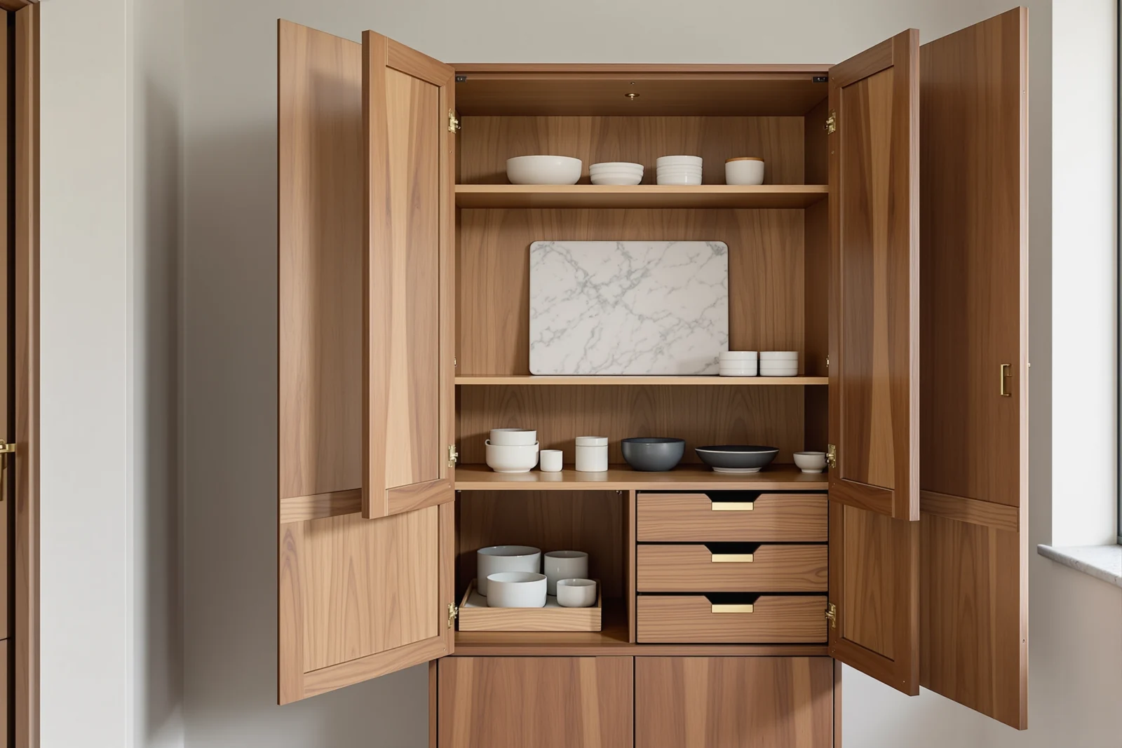 A tall bespoke oiled-walnut larder cabinet with doors open to oak interior shelves, a honed bone-marble pastry slab, ceramic storage and brass-fronted small drawers.
