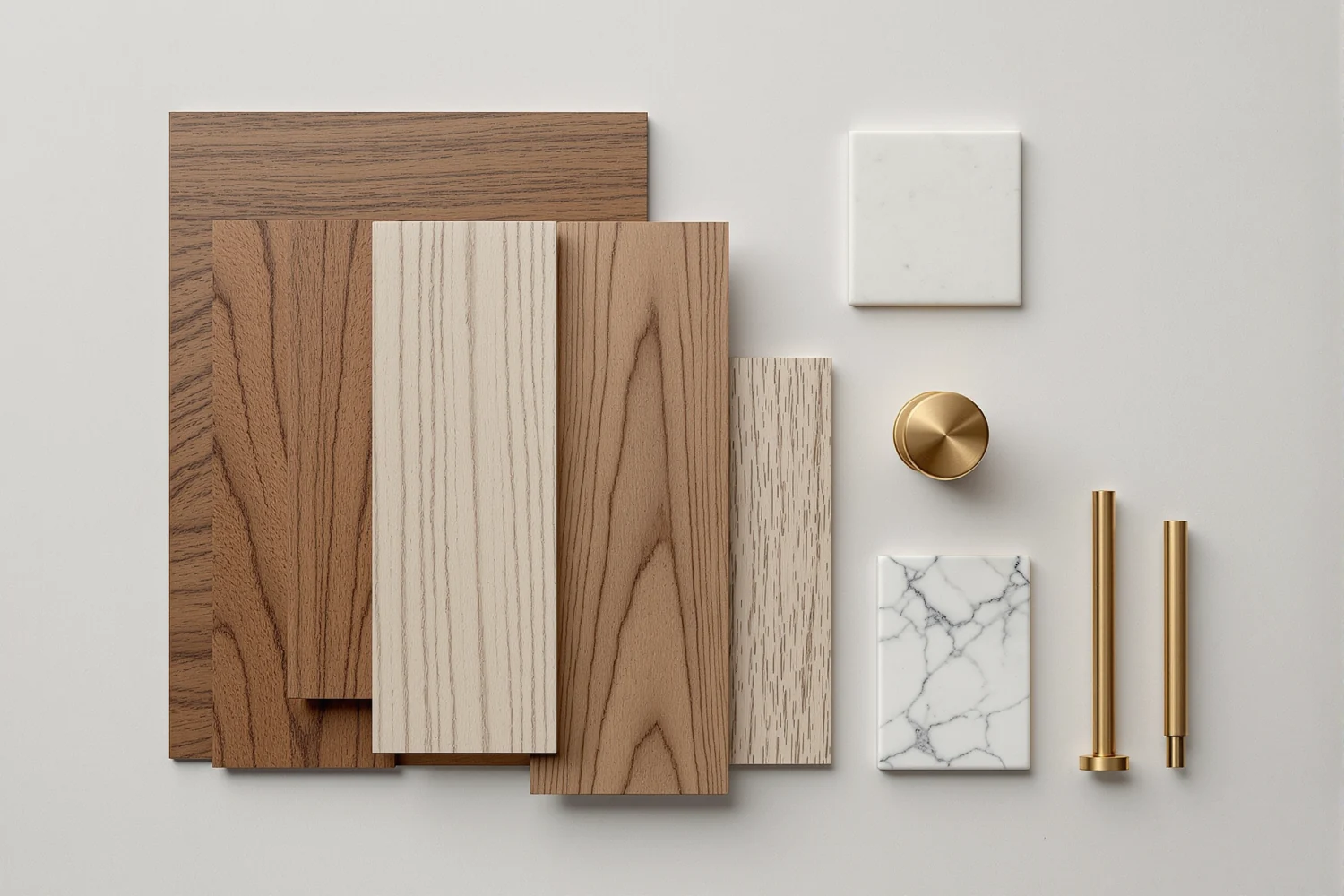 An overhead material tray on bone paper: timber samples in oiled walnut, pale oak and smoked oak beside a honed bone-limestone offcut, a marble tile and brushed and aged brass hardware.