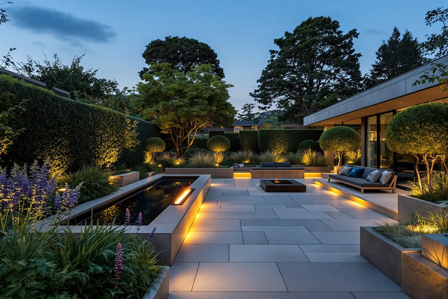 A sunken evening garden room at blue-hour dusk: a fire trough set into limestone paving beside a dark reflecting pool, with built-in oak seating and warm lighting in deep green clipped topiary.