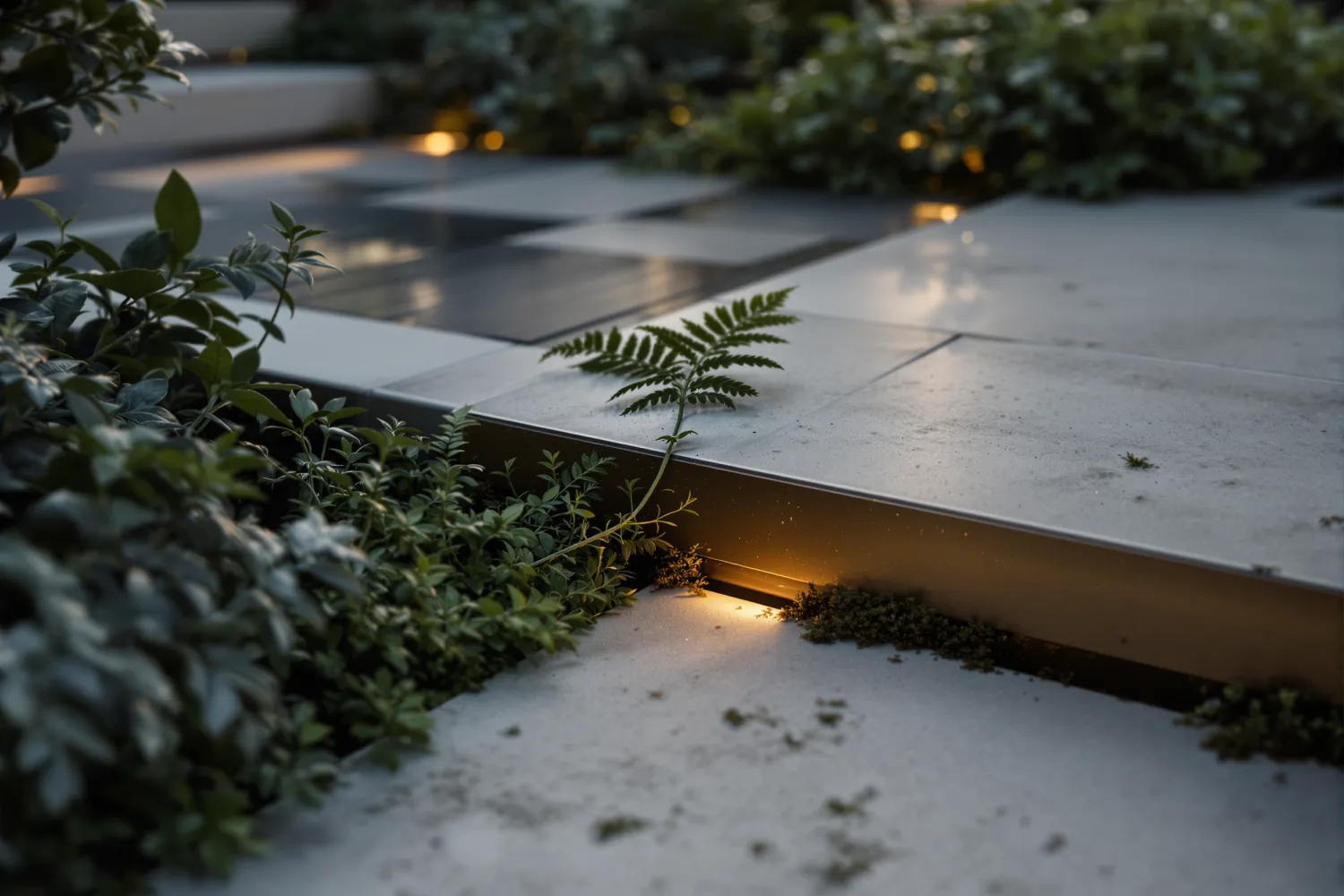 Macro craftsmanship detail: honed limestone paving meeting a band of weathered bronze edging and oak decking, with a fern and moss softening the joint.