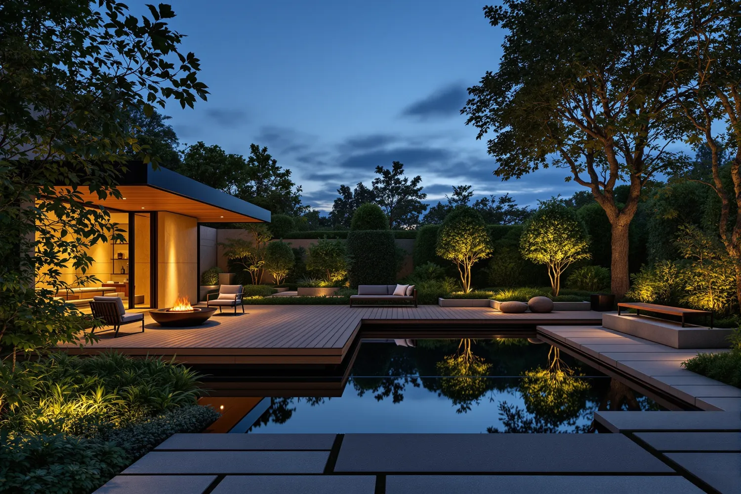 A luxury outdoor living garden room at nightfall with a glowing bronze fire table, oak deck and dark reflecting pool framed by deep green planting.