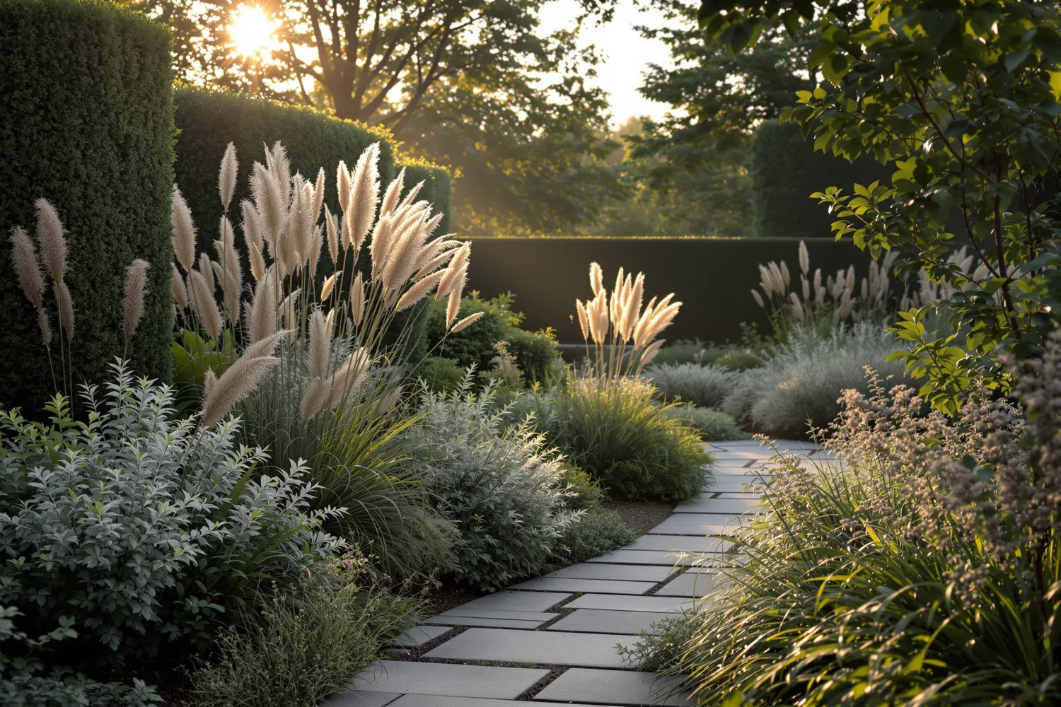 Naturalistic dusk planting: backlit ornamental grasses and tall seed heads against a dark clipped yew hedge in deep green planting.