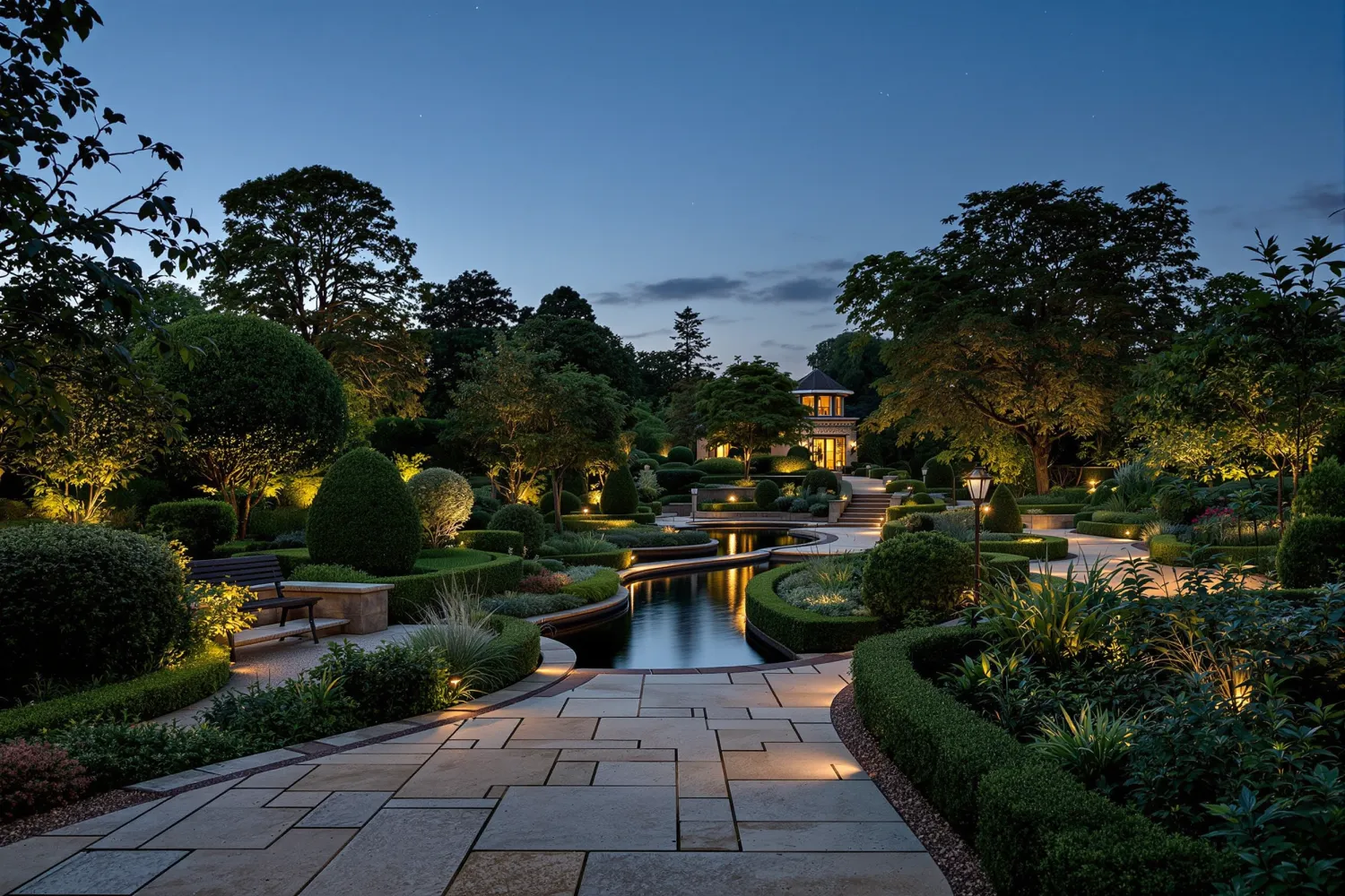 A large country garden at nightfall: a limestone terrace stepping down to layered green garden rooms with a still water rill and clipped hedging in silhouette.